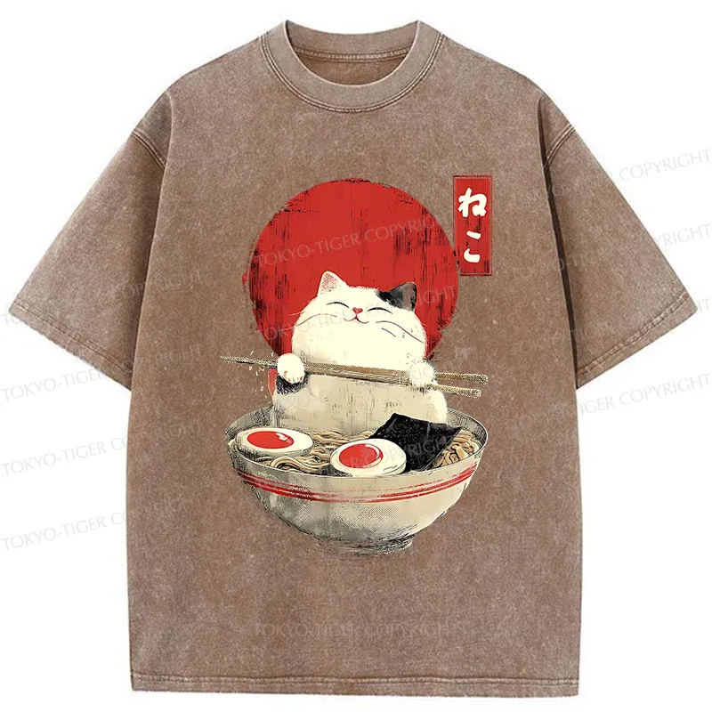 Tokyo-Tiger White Cat Ramen Washed T-Shirt