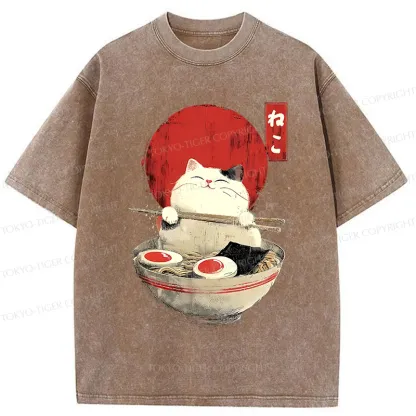 Tokyo-Tiger White Cat Ramen Washed T-Shirt