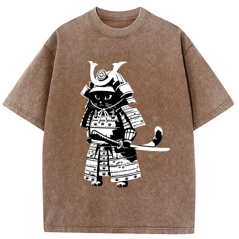 Tokyo-Tiger Japanese Samurai Black Cat Washed T-Shirt