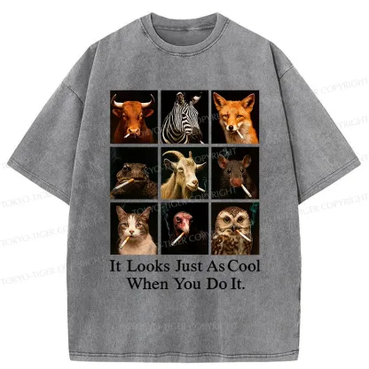 Tokyo-Tiger Various Animals Smoking Washed T-Shirt