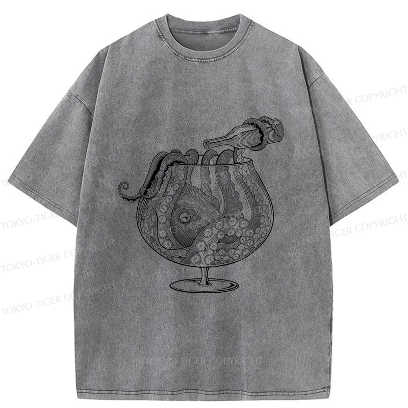 Tokyo-Tiger Octopus Drinking Wine Washed T-Shirt