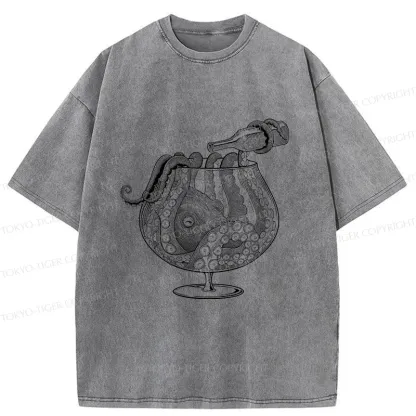 Tokyo-Tiger Octopus Drinking Wine Washed T-Shirt