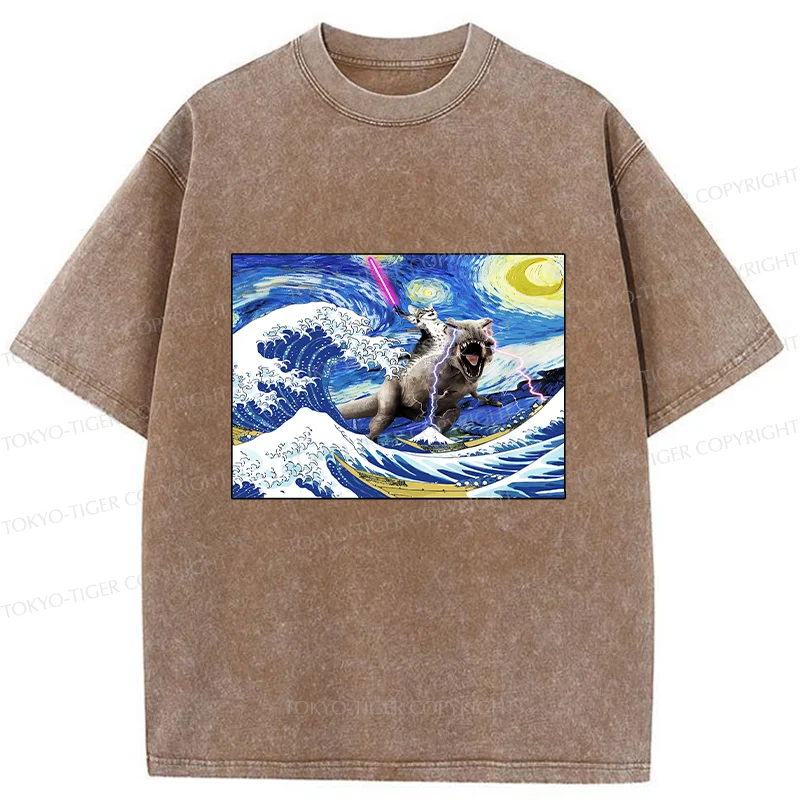 Tokyo-Tiger Cat Riding A Dinosaur In The Surf Washed T-Shirt