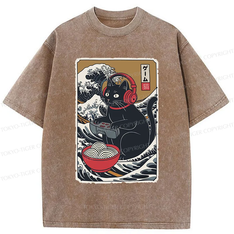 Tokyo-Tiger Cat Playing Video Games Washed T-Shirt