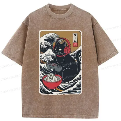 Tokyo-Tiger Cat Playing Video Games Washed T-Shirt