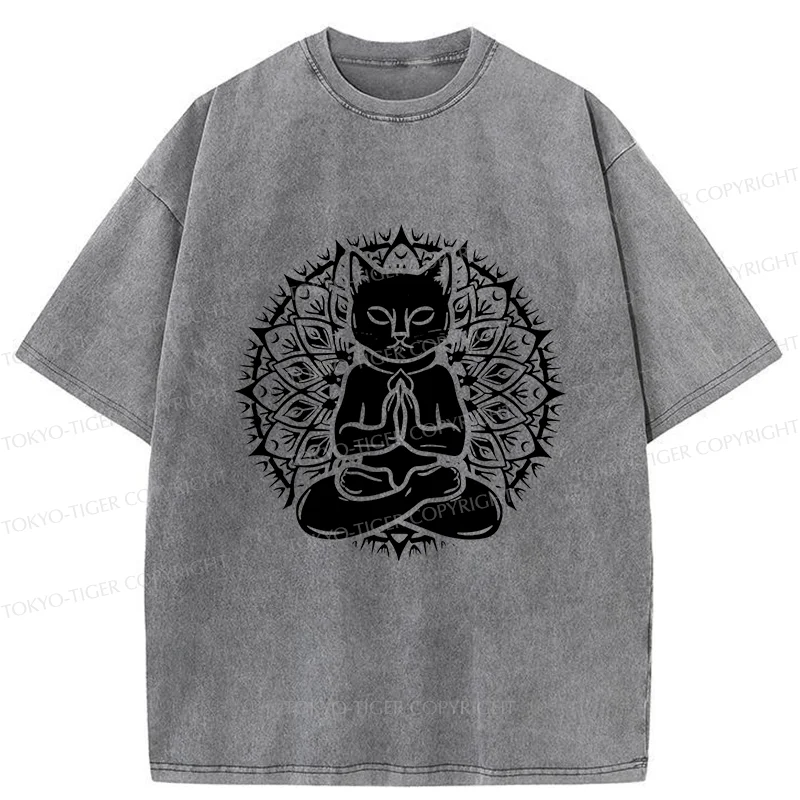 Tokyo-Tiger Yoga Cat Japanese Washed T-Shirt