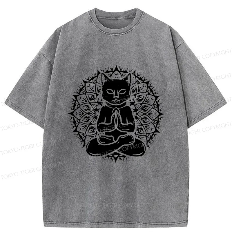 Tokyo-Tiger Yoga Cat Japanese Washed T-Shirt