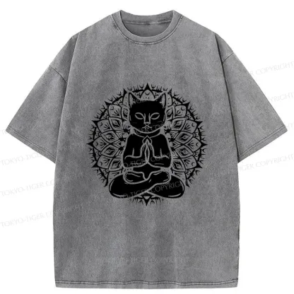 Tokyo-Tiger Yoga Cat Japanese Washed T-Shirt