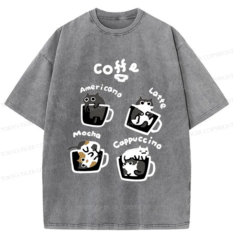 Tokyo-Tiger Four Types Of Coffee Cats Washed T-Shirt