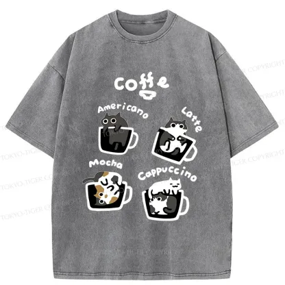 Tokyo-Tiger Four Types Of Coffee Cats Washed T-Shirt