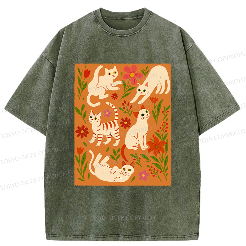 Tokyo-Tiger Cats And Flowers Washed T-Shirt