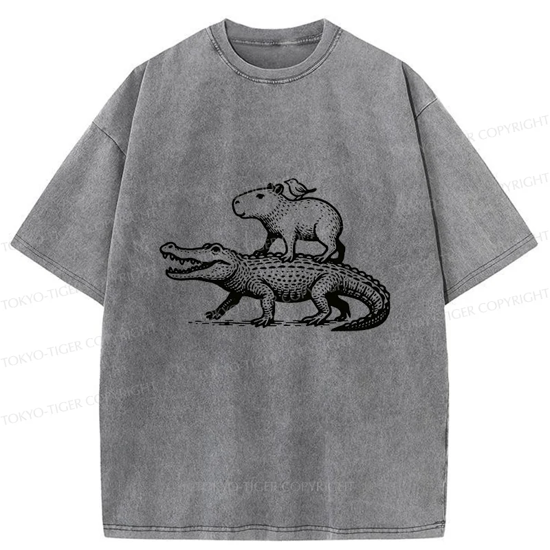 Tokyo-Tiger Capybaras Walking With Crocodile Washed T-Shirt