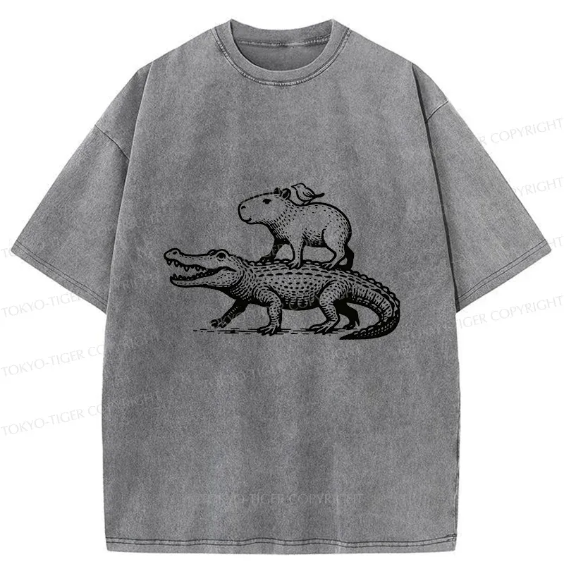 Tokyo-Tiger Capybaras Walking With Crocodile Washed T-Shirt
