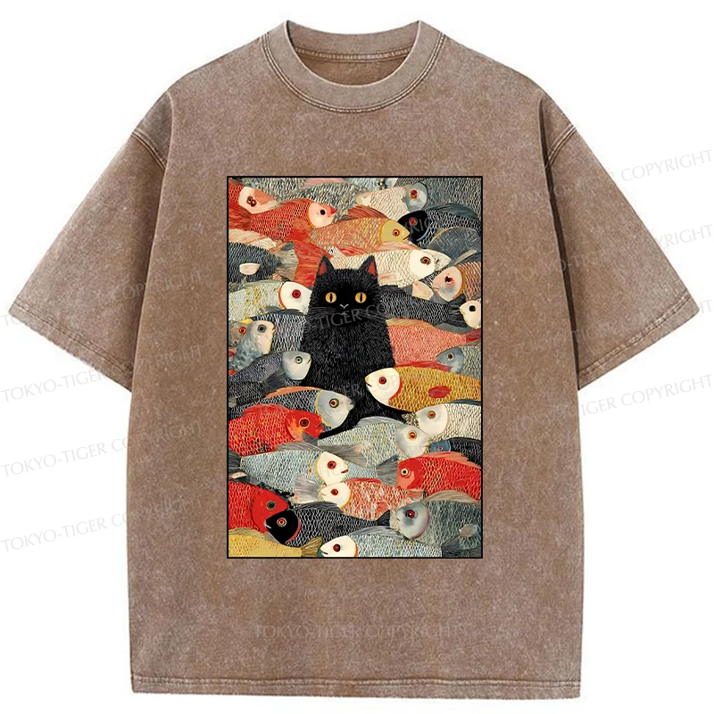 Tokyo-Tiger Cats And Fish Washed T-Shirt