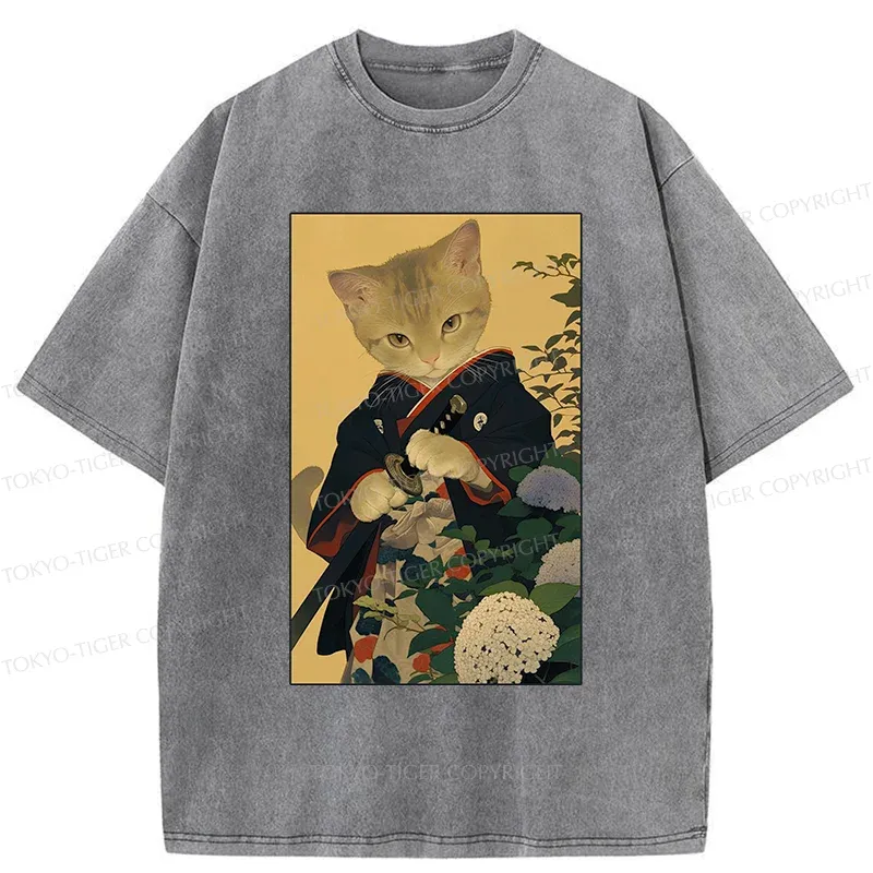 Tokyo-Tiger Kitten Japanese Samurai Washed T-Shirt
