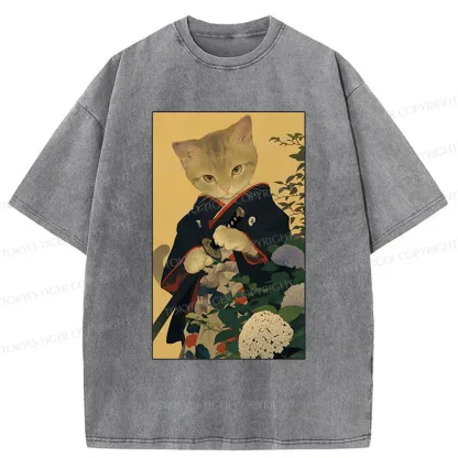 Tokyo-Tiger Kitten Japanese Samurai Washed T-Shirt