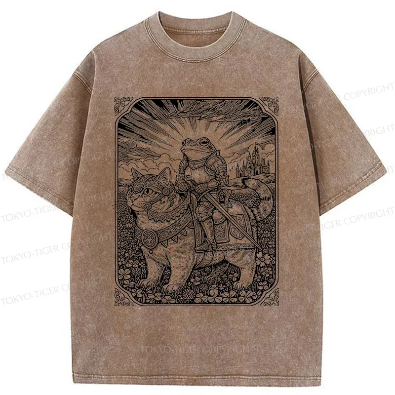 Tokyo-Tiger Frog Riding Cat Retro Washed T-Shirt