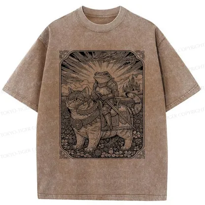 Tokyo-Tiger Frog Riding Cat Retro Washed T-Shirt