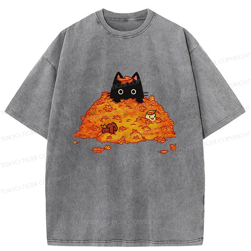 Tokyo-Tiger Black Cat In Autumn Leaves Washed T-Shirt