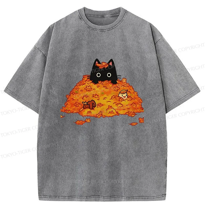 Tokyo-Tiger Black Cat In Autumn Leaves Washed T-Shirt