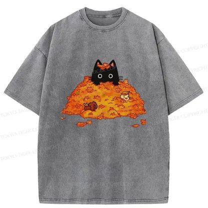 Tokyo-Tiger Black Cat In Autumn Leaves Washed T-Shirt