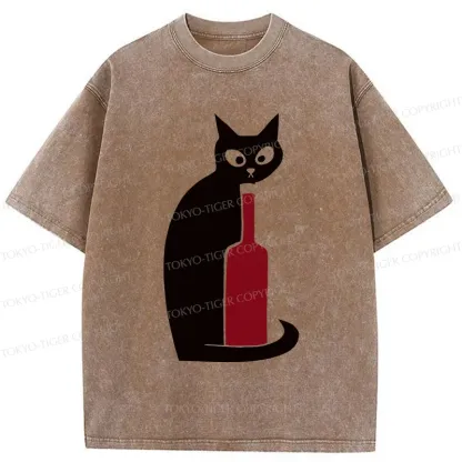 Tokyo-Tiger Black Cat And Wine Washed T-Shirt