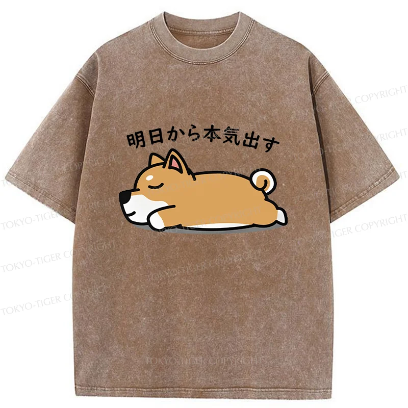 Tokyo-Tiger Lazy Puppy Funny Washed T-Shirt