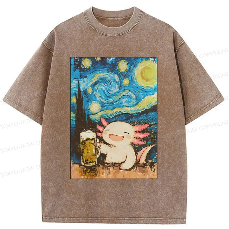 Tokyo-Tiger Axolotl Drinking Beer Washed T-Shirt