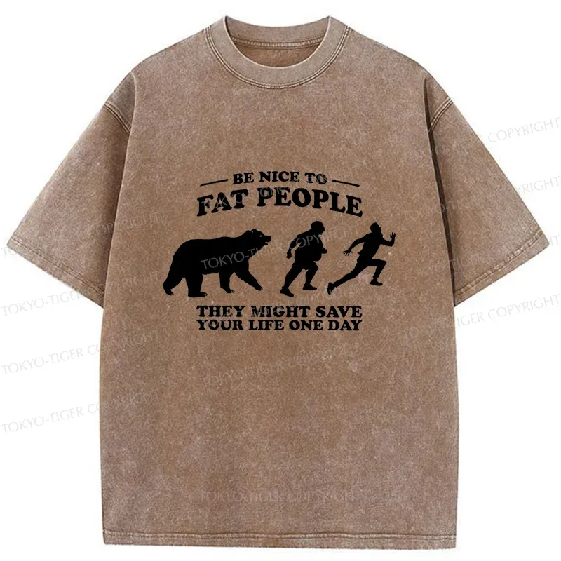 Tokyo-Tiger Fat Bear Chasing Fat Man Washed T-Shirt Sale