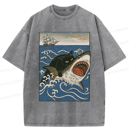 Tokyo-Tiger Cat Hunting Shark Washed T-Shirt
