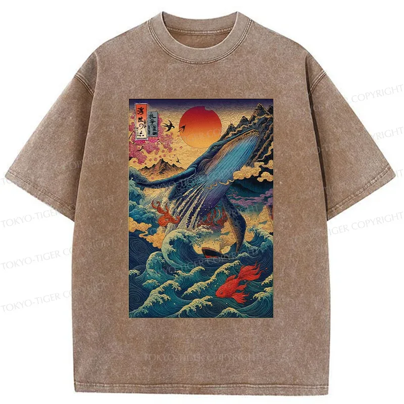 Tokyo-Tiger Ukiyoe Whale Japan Washed T-Shirt