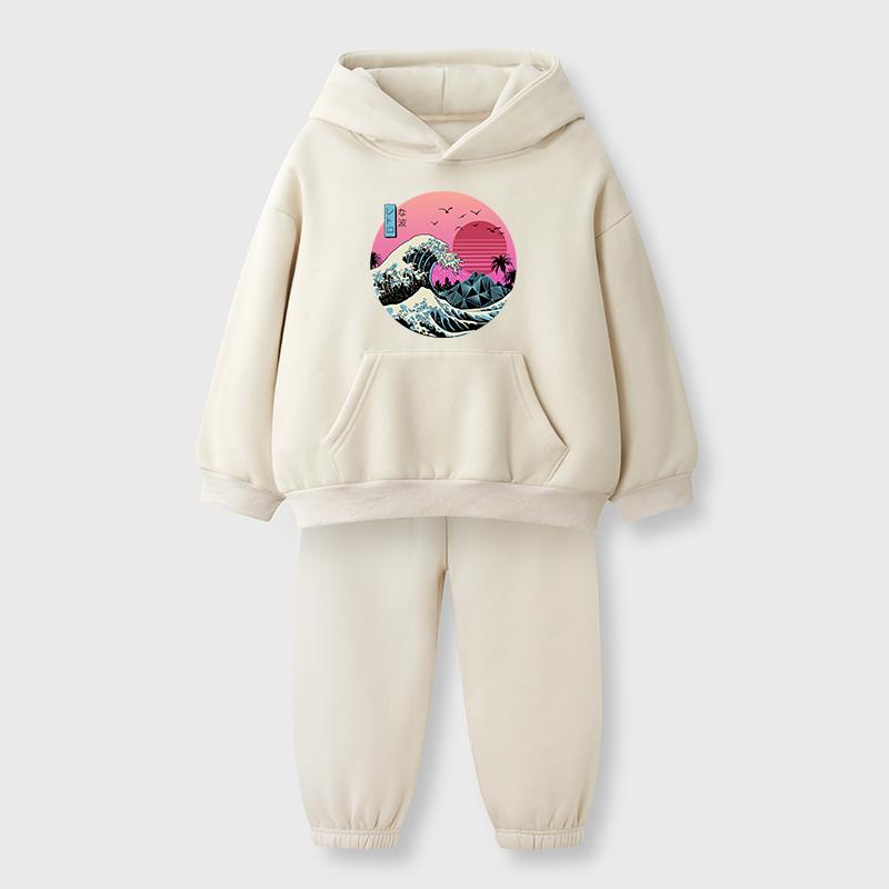 Tokyo-Tiger Japanese The Great Retro Wave Kids Fleece Lined Hoodie Set