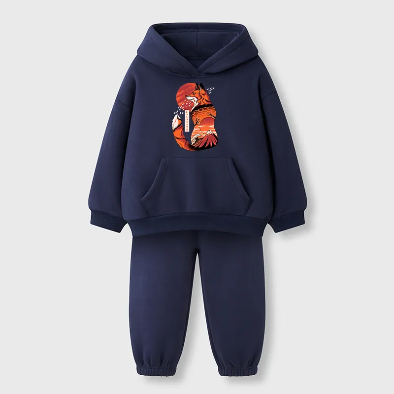 Tokyo-Tiger Japanese Fox Tattoo Kids Fleece Lined Hoodie Set