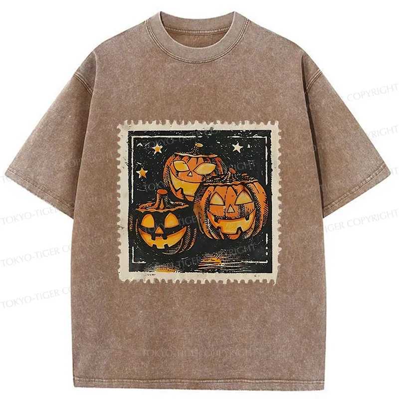Tokyo-Tiger Halloween Pumpkin Stamps Washed T-Shirt Sale