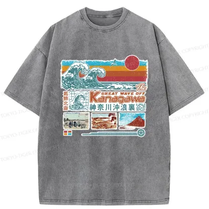 Tokyo-Tiger Retro Ukiyo-e Waves Washed T-Shirt