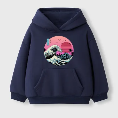 Tokyo-Tiger Japanese The Great Retro Wave Kids Fleece Lined Hoodie