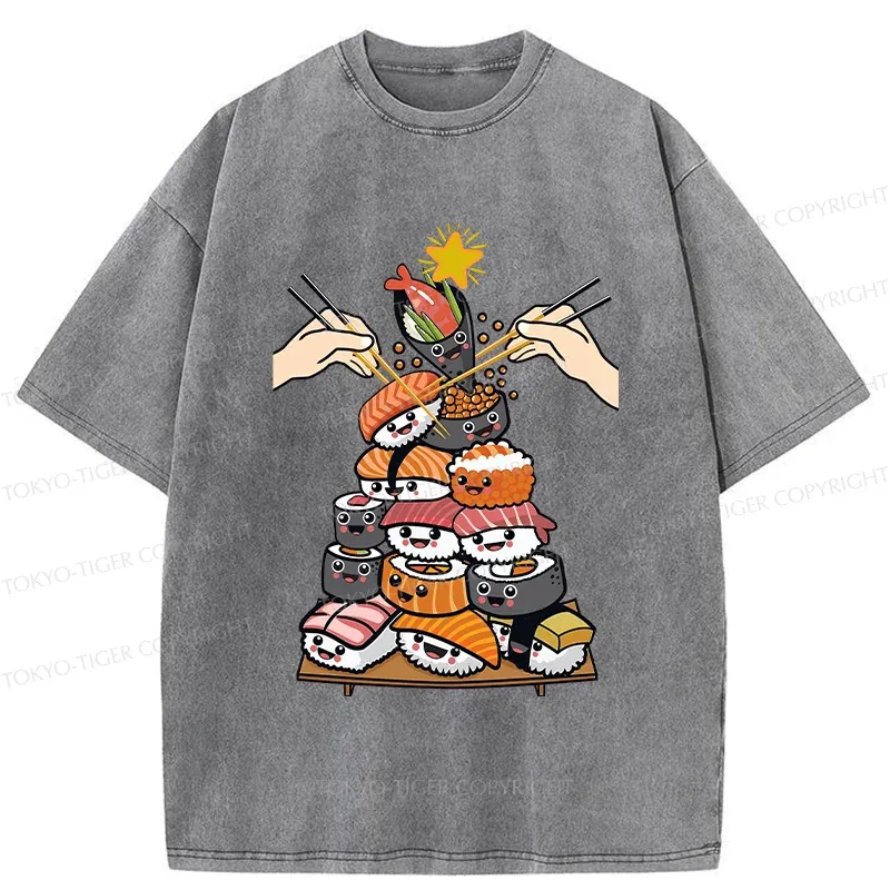 Tokyo-Tiger Sushi Christmas Tree Japan Washed T-Shirt