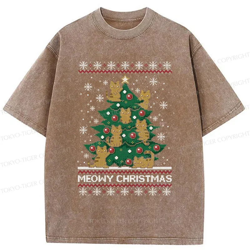 Tokyo-Tiger Cats Christmas Tree Washed T-Shirt