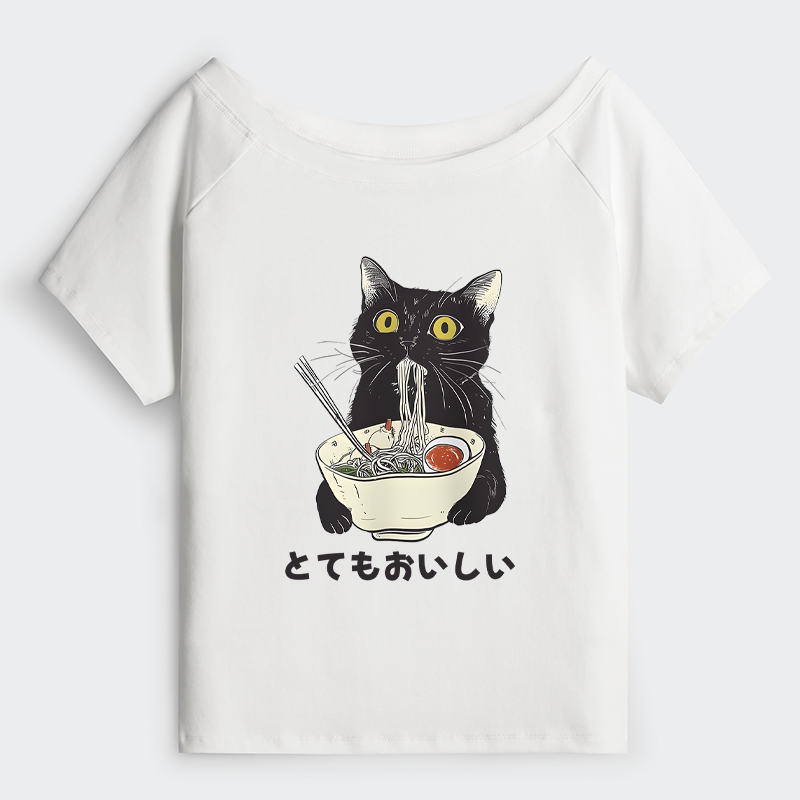 Tokyo-Tiger Cats Eat Ramen Noodles Off Shoulder T-Shirt