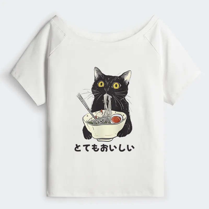 Tokyo-Tiger Cats Eat Ramen Noodles Off Shoulder T-Shirt