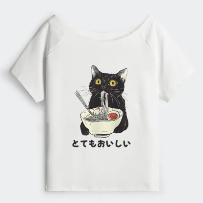 Tokyo-Tiger Cats Eat Ramen Noodles Off Shoulder T-Shirt