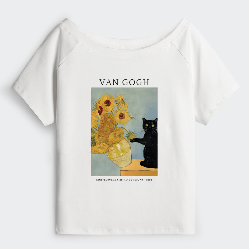 Tokyo-Tiger Black Cat With Sunflowers Off Shoulder T-Shirt