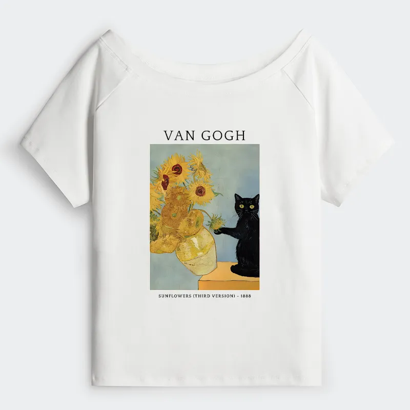 Tokyo-Tiger Black Cat With Sunflowers Off Shoulder T-Shirt