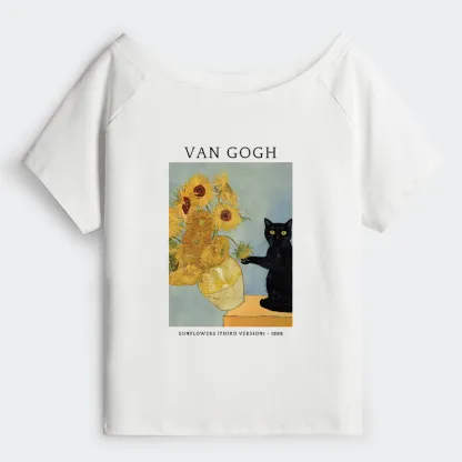 Tokyo-Tiger Black Cat With Sunflowers Off Shoulder T-Shirt