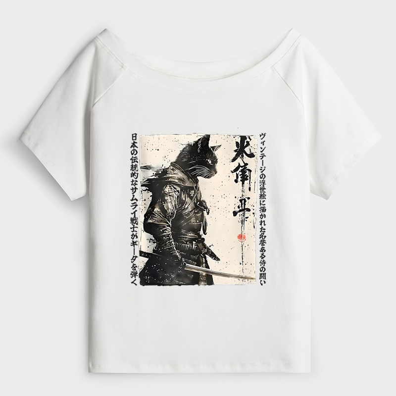 Tokyo-Tiger Cat Samurai Retro Off Shoulder T-Shirt