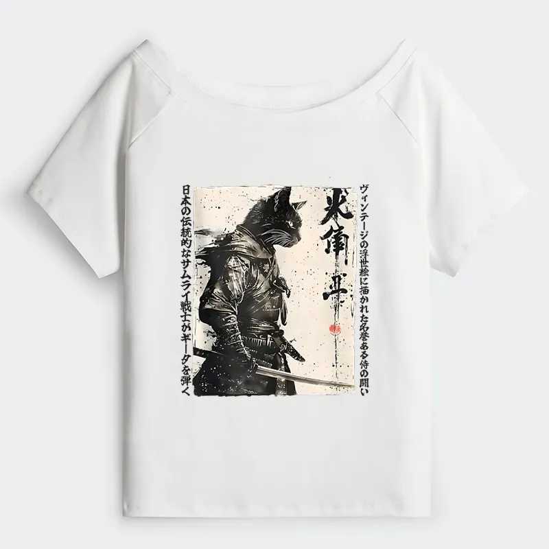 Tokyo-Tiger Cat Samurai Retro Off Shoulder T-Shirt