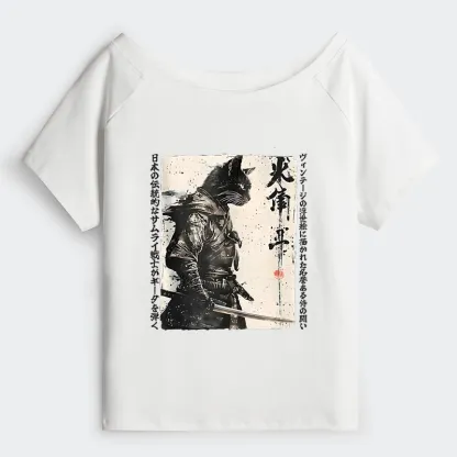 Tokyo-Tiger Cat Samurai Retro Off Shoulder T-Shirt