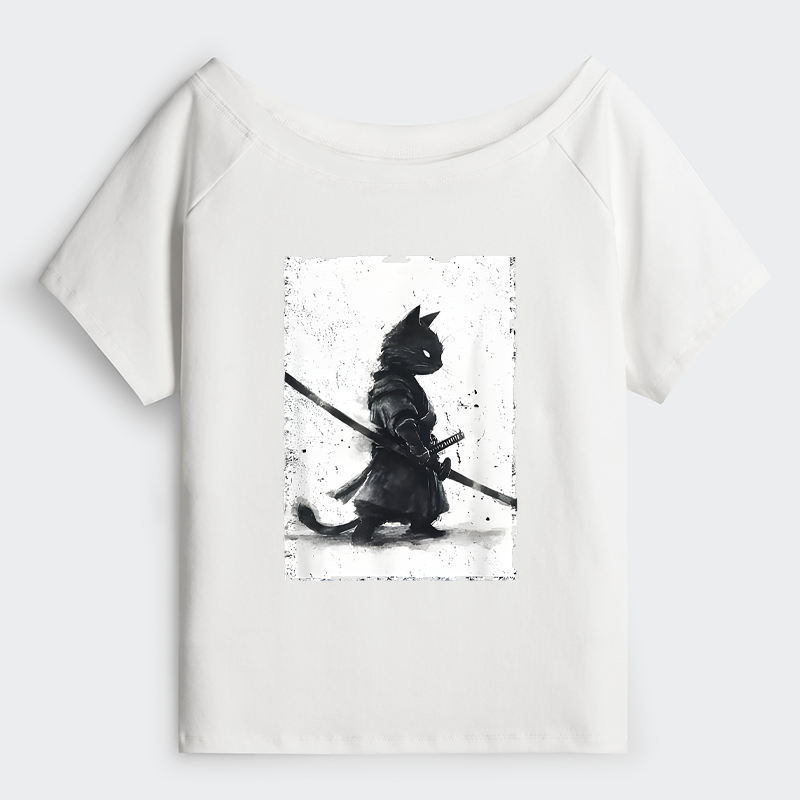 Tokyo-Tiger Retro Cat Samurai Japanese Shoulder T-Shirt