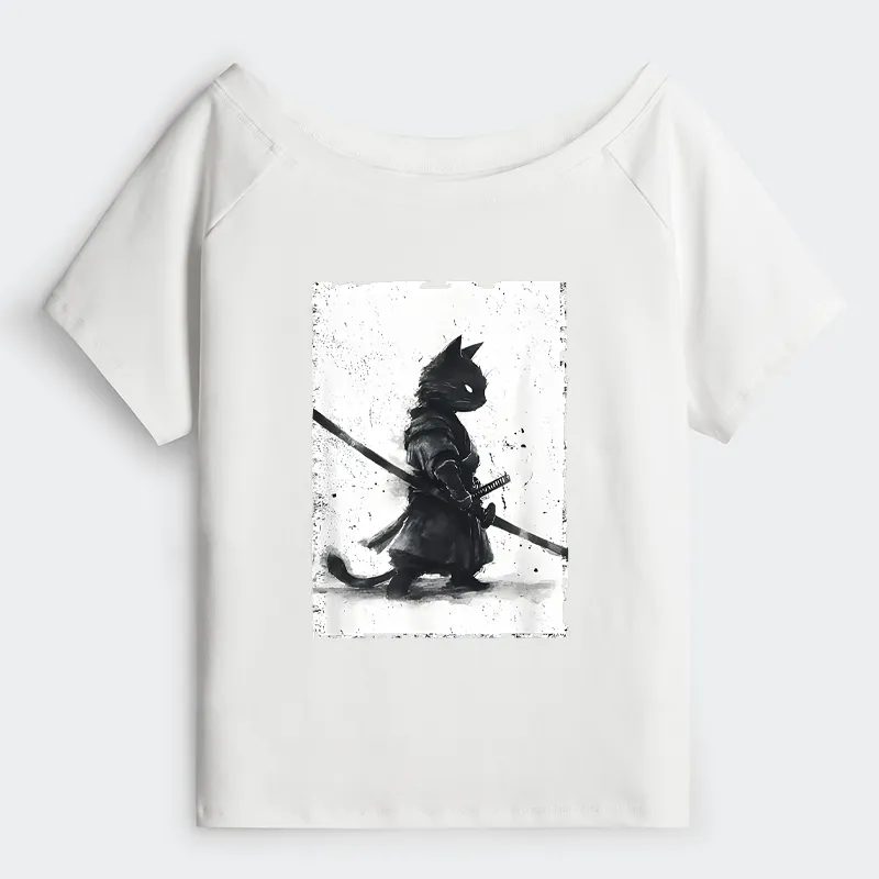 Tokyo-Tiger Retro Cat Samurai Japanese Shoulder T-Shirt