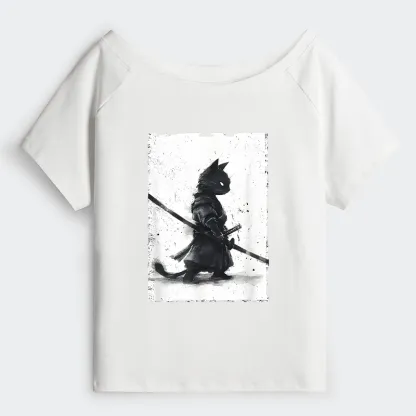 Tokyo-Tiger Retro Cat Samurai Japanese Shoulder T-Shirt